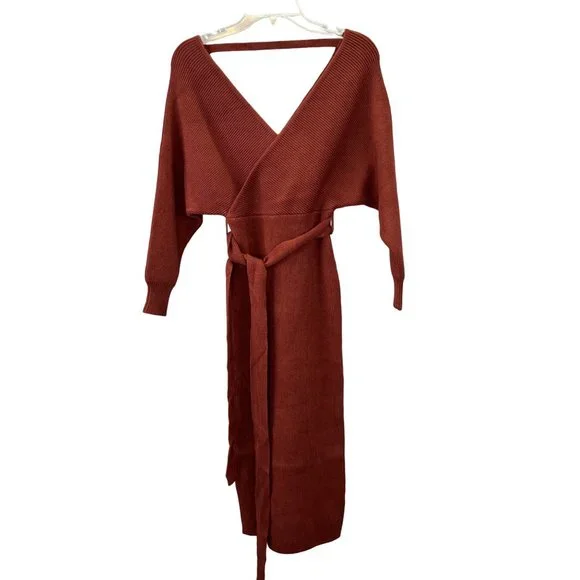Olivaceous Dresses | Olivaceous Faux Wrap Sweater Dress Size S Rust Brown V Neck Tie Waist Knit Nwt | Color: Brown | Size: S | Barrettboutique's